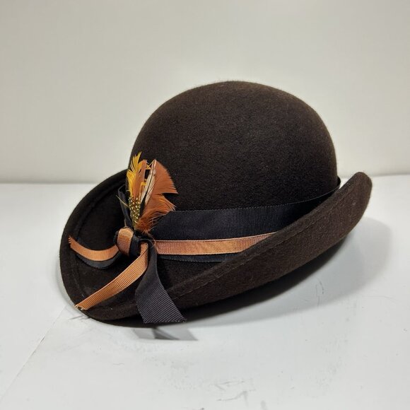 Vtg Lancaster Hat Brown Swagger Felt 100% Wool Slopping Brim Fedora Hat Feather main image 4